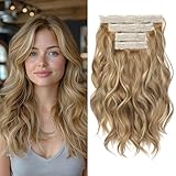 REECHO Hair Extensions, 4PCS Clip in Hair Extensions 14' Short Beach Wavy Invisible Lace Weft Natural Soft Hairpieces for Women – Honey Blonde with Highlights