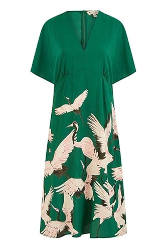 Yumi Green Recycled Fabric Crane Print Kimono Midi Dress (UK, Numeric, 14, Regular, Regular, Green)