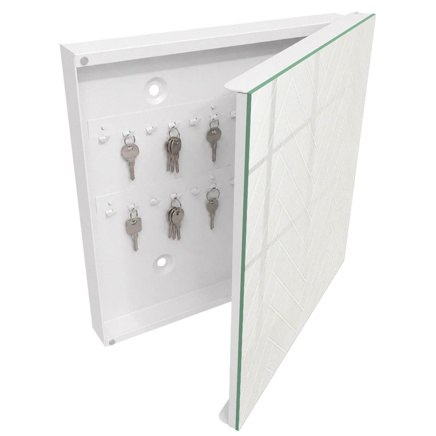 Armadietto Portachiavi 30x30 cm | Bianco | A Destra | Montaggio a Parete | Impostazione luminosa | in Metallo | Tasselli e Viti Inclusi | per Uffici | Frontale Decorativo in Vetro Temperato
