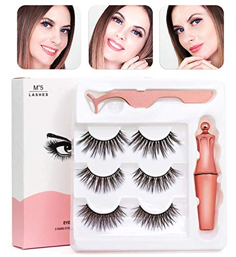 Petansy Magnetic False Eyelash Set Waterproof Long Lasting Magnetic Eyeliner With 3 Pair 5 Magnetic False Eyelash Reusable Magnetic Eyeashes Kit (B)