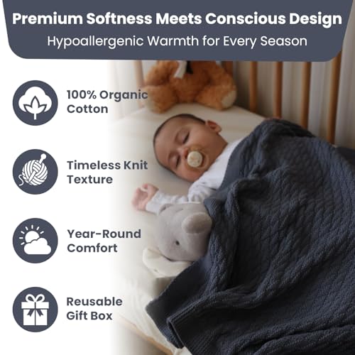 Image of Nora Organic Cotton Baby Blanket 30x40 in, Grey Blue - GOTS Certified, Soft Knit Swaddle for Newborns, Crib & Stroller, Machine Washable