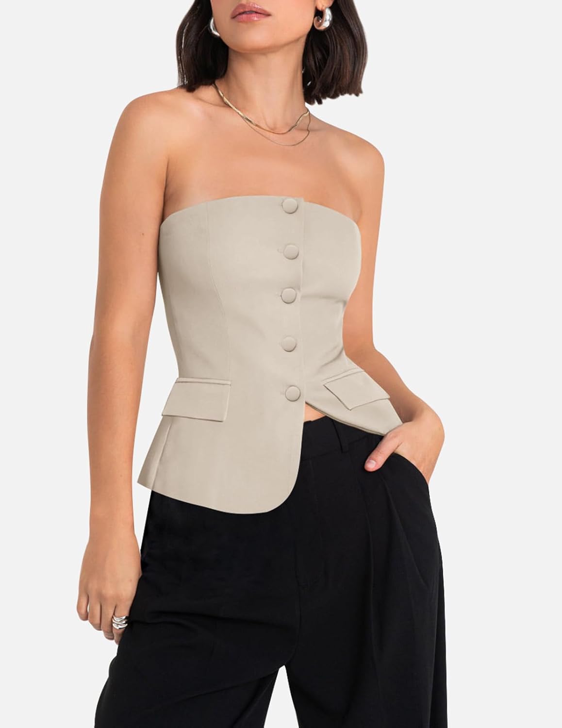 Yousify Womens Strapless Smocked Tube Top Sleeveless Button Fitted Blazer Vest 2025 Work Business Casual Tank Tops - Image 4