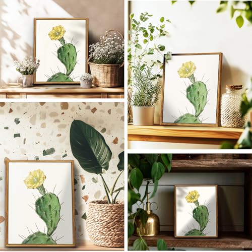 crmotu Botanical Framed Wall Art, Cactus Floral Canvas Prints, Yellow Flower Nature Wall Decor, Tropical Plant Watercolor Paintings, Rustic Farmhouse Kitchen Home Office Desktop Decor, 9x11inch