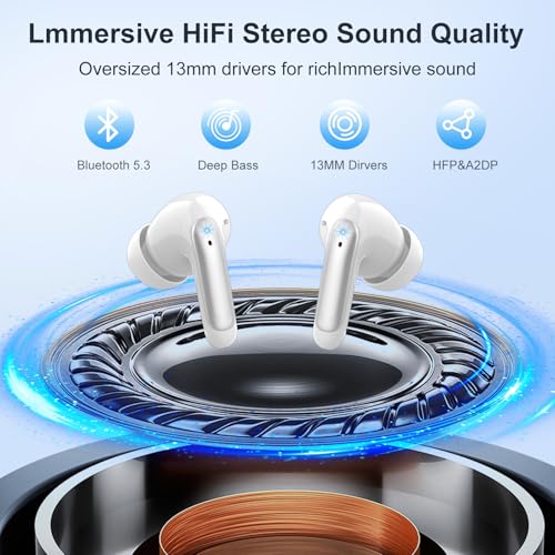Image of Wireless Earbuds, HiFi Sound Bluetooth 5.3 Headphones with 4 ENC Noise Mic, 56H Playtime Ear Buds with LED Display, USB-C, IPX7 Waterproof Wireless Headphones for Sports Workout