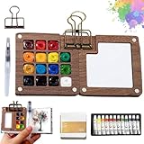 Mini Watercolor Travel Paint Set, Travel Watercolor Set, Portable Artist Palette Sets with Colours, Book,Binder Clips,Pens,Wooden Paint Box for Painters Artists Student (15 Grids)
