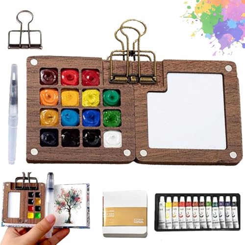 Mini Watercolor Travel Paint Set, Travel Watercolor Set, Portable Artist Palette Sets with Colours, Book,Binder Clips,Pens,Wooden Paint Box for Painters Artists Student (15 Grids)