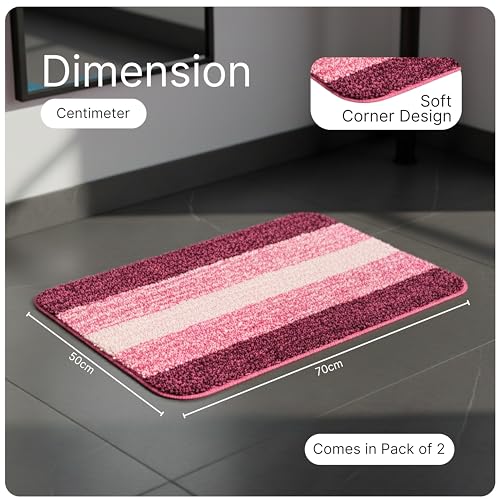 Image of SARAL HOME EASY LIVING Microfiber Striped Rectangle Shaped Anti-Skid Bath Mats|Soft & Super Absorbent Mats for Shower|Washable, Non-Slip & Quick-Drying Mats, 50X70 CM|Pack of 2(Turquoise & Pink)