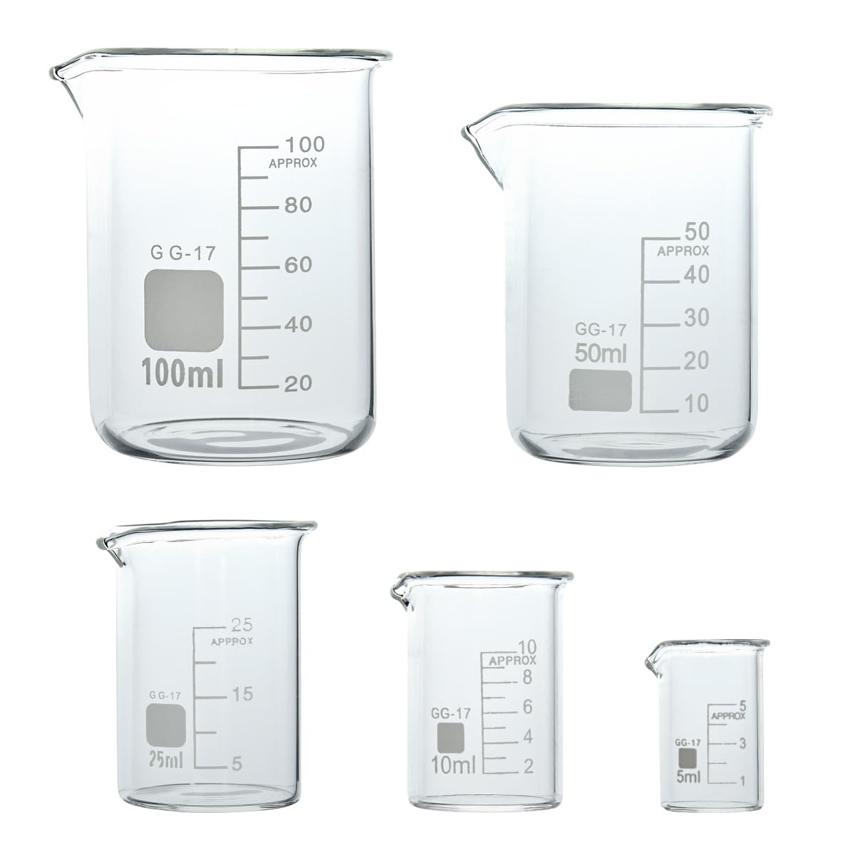 BUYGOO 5PZ Bicchiere Graduato 5ml 10ml 25ml 50ml 100ml Bicchieri con Beccuccio Set di Misurini in Vetro Bicchieri da Laboratorio Vetro da Laboratorio Bicchieri da Laboratorio per Esperimenti, Cottura