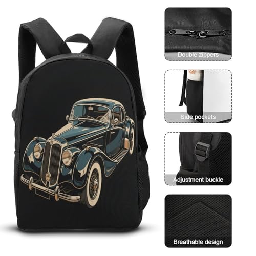 Printed Backpack With Lunch Pack Storage Box Case Classic Vintage Car 3pcs Lightweight Travel Backpack3