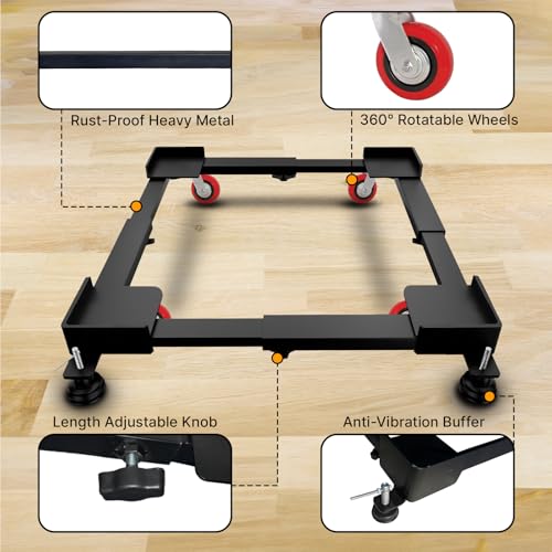Image of Smart Shelter Washing Machine Trolley for Fully and Semi Automatic, Front or Top Load, Fridge and Dishwasher Stand, Adjustable Metal and Wheels, Capacity 250Kg, Black (Min: 17 inchx17 inch, Max: 27 inchx29 inch)