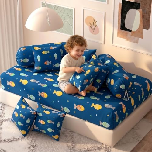 Image of Filymore Cute Fish Kids Fitted Diwan Set 8 Pieces - Blue Microfiber Diwan Bedsheet Set with 5 Cushion Covers & 2 Bolster Covers | Soft & Comfortable Cartoon Fish Print Diwan Cover Set for Kids Room