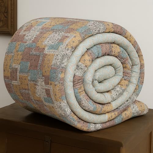 Image of SANMARINO Reversible Jaipuri Quilt | Pure Cotton Double Bed Razai with Traditional Print | Lightweight, Soft & Warm Blanket | Ideal for Winter, AC Room & All Seasons Color - Earthy Pastel Patchwork