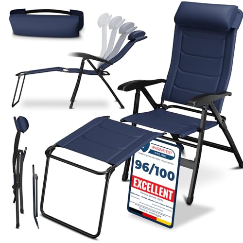 ELONEO Chaise de Camping Pliante avec Repose-Pieds Amovible - Chaise Longue Pliante de Jardin en Aluminium Rembourrée, Transat Jardin Extérieur Confortable -...