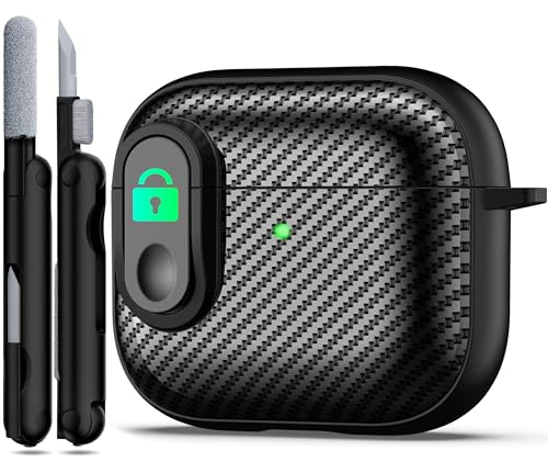 RFUNGUANGO for AirPods 3 Case Cover, Anti-Fall Lock Design, Powerful Drop Protection, Carbon Fiber Black for Apple AirPods 3rd Generation Charging Case(2021)- Black