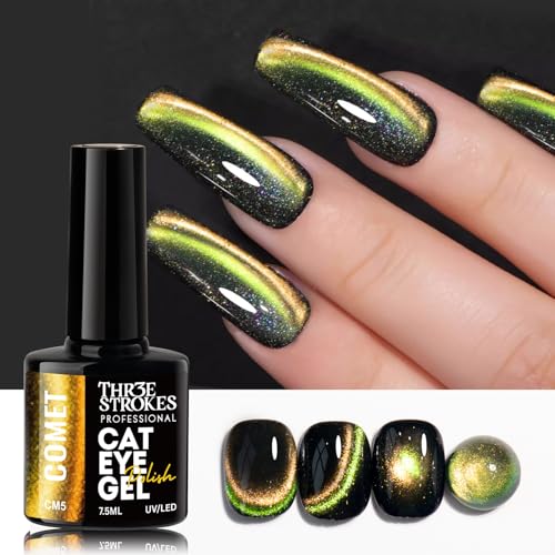 Image of THR3E STROKES Cat Eye Gel Nail Polish Set for Pink Brown Glitter Holographic Cat Eye, Salon Gel Manicure and Nail Art DIY at Home, Bright Moonlight (COMET)
