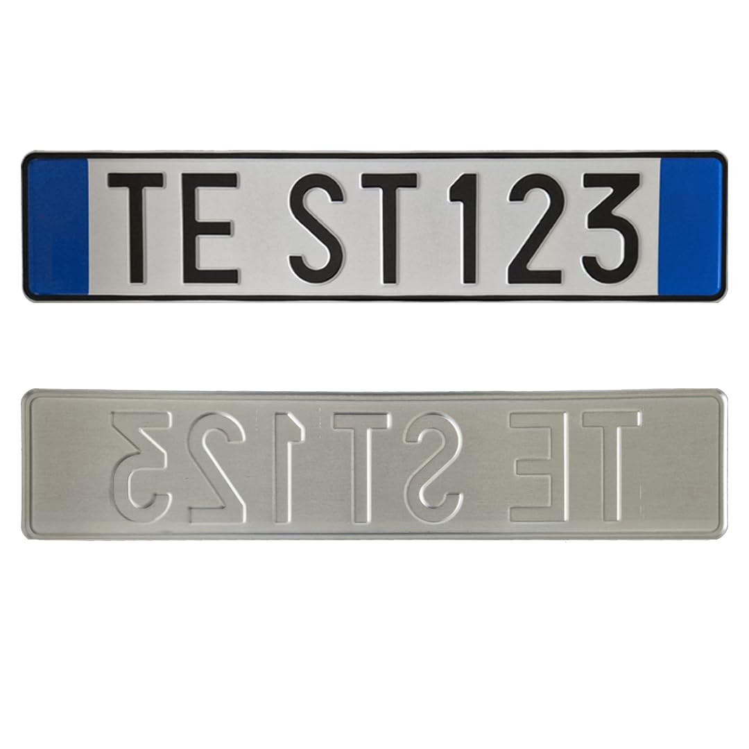 Targa Decorativa - Formato Modello Posteriore - in Alluminio Catarifrangente con Lettere e Numeri in Rilievo Punzonati, Personalizzabile, Made in Italy