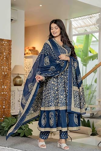 Image of Pistaa's Women's Pure Cotton Anarkali Floral Printed Hand Work Kurta with Pant & Dupatta Set