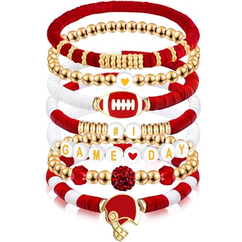 Kopuscristing Game Day #1 Bracelet Football Charm Beaded Stretch Bracelet Set Sports Jewelry for Football Dads Moms Coaches Fans Gifts