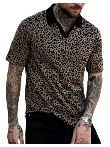 RoseSeek Mens Leopard Cheetah Collared Shirts Short Sleeve Pullover Tops Casual Golf Tops Summer Outfits Khaki X-Large