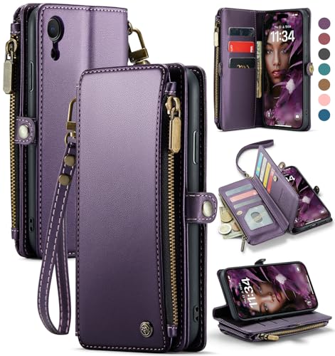 Defencase Compatible with iPhone XR Case Wallet with RFID Blocking Card Holder for Women and Men, Fashion PU Leather Magnetic Snap Flip Zipper Strap Wallet Phone Case Fit for iPhone XR 6.1', Purple