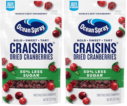 Ocean Spray® Craisins®, 50% Less Sugar Dried Cranberries, Dried Fruit, 5 Oz Pouch (Pack of 2)