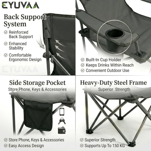 Image of EYUVAA LABEL Folding Reclining Camping Chair with Footrest, Portable Outdoor Lounge Chair with Cup Holder & Side Pocket, Heavy Duty Steel Frame, Foldable Fishing Beach Garden Chair (Multicolour)