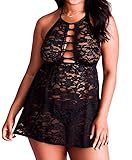Women’s Sexy Black Allover Lace Lingerie, Plus Size Plunge Crisscross High Neck Babydoll (Black,4XL,024a)