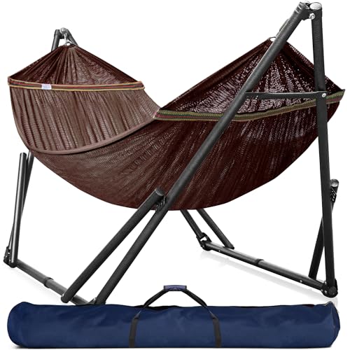 Image of Tranquillo Universal Double Hammock with Stand Included for 2 Persons /Foldable Hammock Stand 600 lbs Capacity Portable Case - Inhouse, Outdoor, Camping, Brown