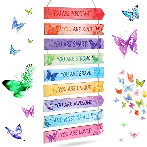 CHENGU 9 Pieces Butterfly Wooden Rustic Wall Hanging Plaque Sign Boho Rainbow Watercolor Inspirational Positive Quotes Wall Art Decor for Teens Girl Bedroom Princess Toddler Room (Butterfly)