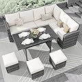 IDEALHOUSE 7 Pieces Outdoor Dining Set,Patio Sectional Sofa Conversation Set All Weather Wicker Rattan Couch Dining Table & Chair with Ottoman (Grey Rattan + Beige Cushions)