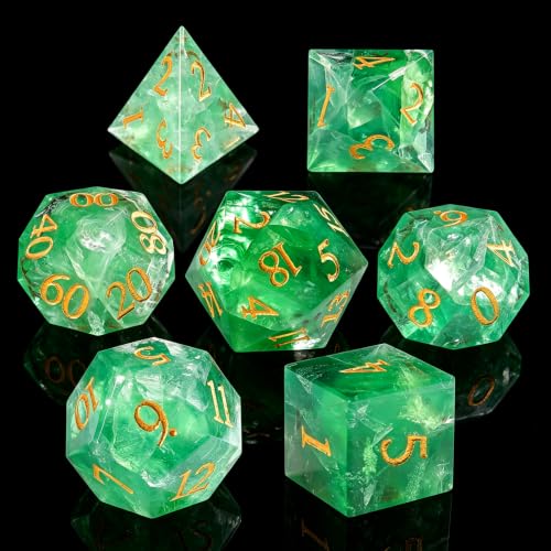 Natural Green Fluorite Dice Set, 7-Piece Handcrafted Polyhedral Dice with Gold Engraving, Ideal for D&D, RPG, MTG & Tabletop Games, Gift Box Included (Green Fluorite)