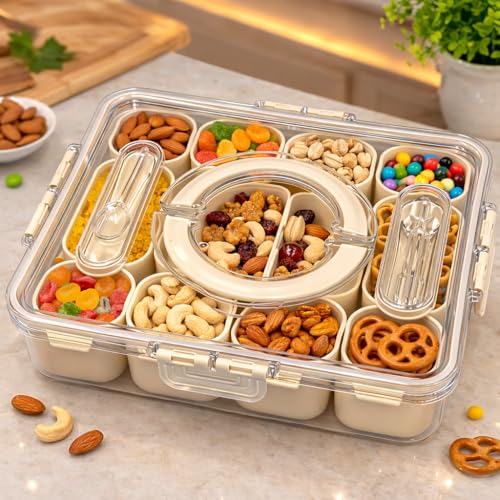 Image of Vasukie Divided Fridge Storage Boxes With 4 Serving Veggie Tray with Lid and Handle, Fridge Organizer with Removable 4 Compartment, Fridge Storage Containers (12 Compartment-1PC)