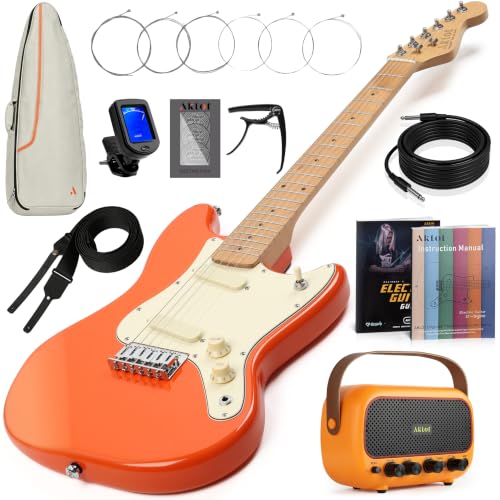 Image of AKLOT Mini Kids Electric Guitar: 3 /4 Size Guitar Kit for Beginners, 1.5in Narrow Neck for Small Hands, Easy to Play, Age 6-12, 36 inch, 10W Amp, Gig Bag, Strap, Cable, Picks & Lesson Book(Orange)