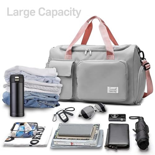 Image of Suruid Gym Bag with Shoe Compartment, Sports Duffle Bag for Women, Gray Pink, 19.68 x 11.02 x 11.02 inches, Gym Bag Gray Pink | Dry Wet Separation Pouch, For Men and Women, Overnight Weekender Training Handbag Yoga Bag