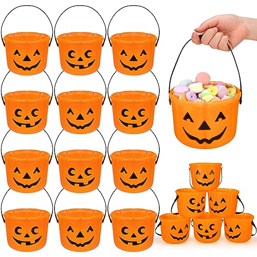 Jenaai 12 Halloween Trick or Treat Buckets Halloween Pumpkin Buckets Halloween Party Favors Pumpkin Face Candy Basket Plastic Pail Candy Bowl Holder with Handle or Party Decoration (Orange)
