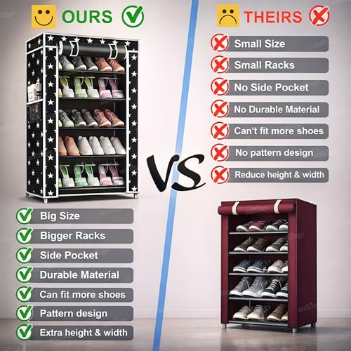 Image of Zest 4 Toyz Star Printed Shoe Rack with 5 Shelfs Zip Cover and Side Pocket Multipurpose Racks Shoe Organizer Cum Book Organizer Non Woven Fabric (Black)