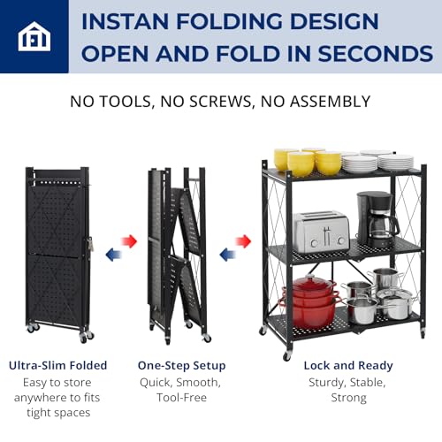 Image of 3 Tier Foldable Storage Shelves with Wheels, Metal Collapsible Organization Storage Rack, No Assembly Folding Bookshelf, Rolling Storage Rack for Kitchen, Bedroom, Pantry, Garage, Display, Black