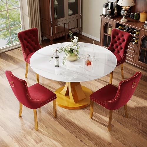 Image of 5-Piece Dining Table Set with 47In Faux Marble Table and 4 Velvet Upholstered Chairs, Modern Scandinavian Furniture for Dining Room Kitchen(Burgundy&Gold)