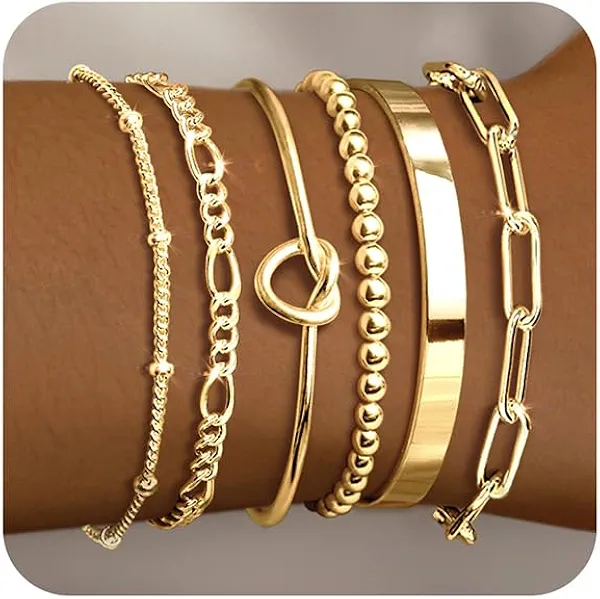 HERIER Gold Bracelets for Women 18k Gold Plated Bracelet Stack Bangle Cuff Bracelet Set for Women Non Tarnish Beaded/Paperclip/Cuban Link Chain Bracelets Jewelry for Women Trendy
