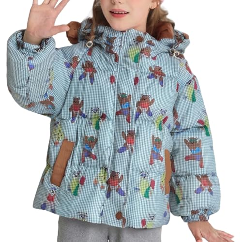 Girls Puffer Jacket Fall Bear Hooded Cartoon Graphic Heavyweight Kids Winter Coat Long Sleeve Zip Up Cute Down Jackets