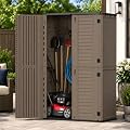 ADDOK Vertical Outdoor Storage Shed with Floor, Resin Garden Shed with Lockable Doors, Waterproof Backyard Storage Cabinet for Lawn Equipment, Garden Tools, Patio and Garage