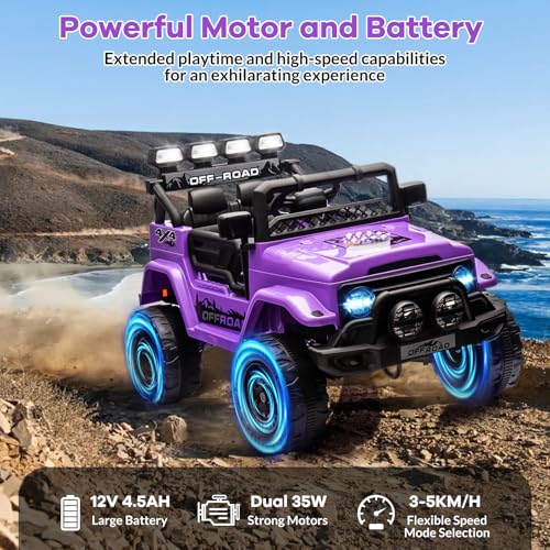 GarveeLife 12V Kids Ride On Car, Ride On Toy for Kids Ages 37-96 Months, Electric Truck with 5MPH Max Speed, Remote Control, Steering Wheel, Accelerator Pedal, Treaded Tires, Music and Story, Purple by GarveeLife - Image 4