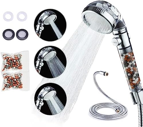 VEHHE Shower Head Powerful Flow With Beads Filter Pressure Boosting Shower Head Spray With 3 Modes Water Saving Bathing For Adults Children Pets Home And Gym Use (White - View #9