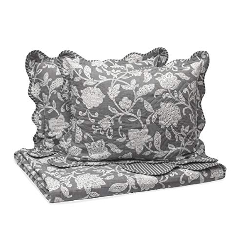 Waverly -Stencil Vine Modern Farmhouse Floral 3-Piece Reversible -Quilt -Bedspread Set, Twin, Charcoal #TOP16