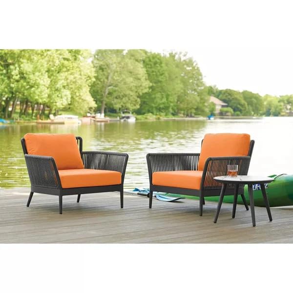 Outdoor 3-Piece Rope Weave Lounge Chair Set with Side Table,Modern Outdoor Chair Set, Light Blue Cushions, Dark Frame (Orange)-image-49