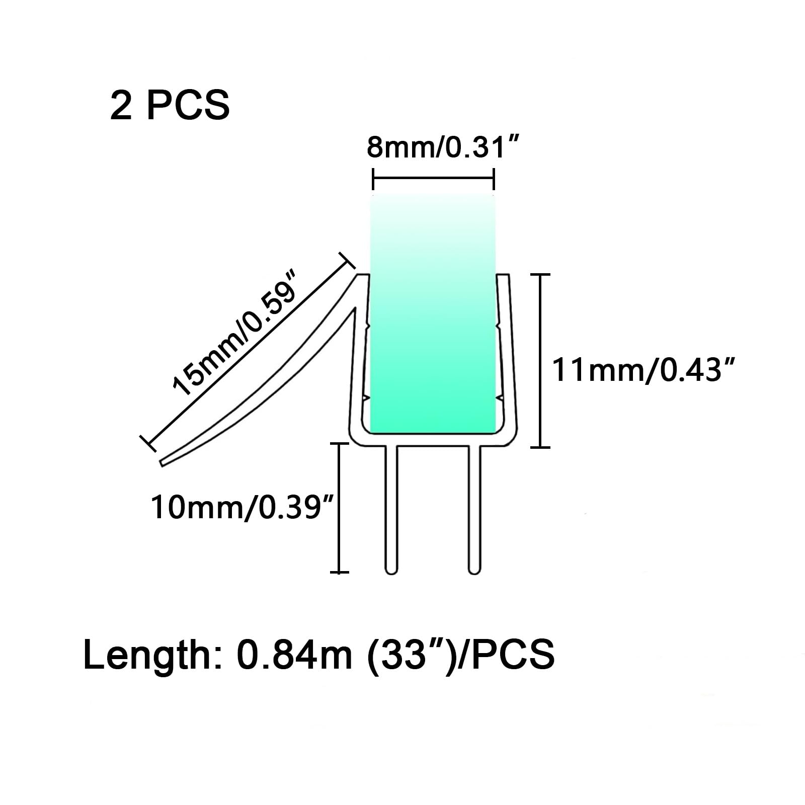 Sello de puerta de baño transparente, Tira de sellado inferior for puerta de ducha sin marco de PVC, paquete de 2, translúcido, 6-12mm(0.84m/33x2pcs,8mm/0.31")