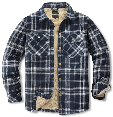 Image of Men's Sherpa Cotton Flannel Shirt Jacket Plaid Button Coat Pocket