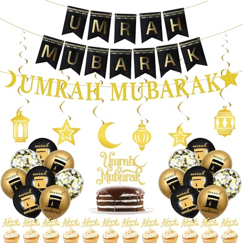 Umrah Mubarak Party Decoration Banner - 38 StüCk Buchstaben Banner HäNgende Swirl Ballons Cake Cupcake Topper Deko FüR Muslim Ramadan Eid Und Umrah Feiern Ornament
