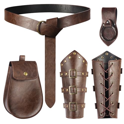 5 PCS Renaissance Accessories Ren Faire Viking Belt Medieval Waist Belt Pouch Leather Arm Bracers and Medieval Sword Holder for Renaissance Cosplay
