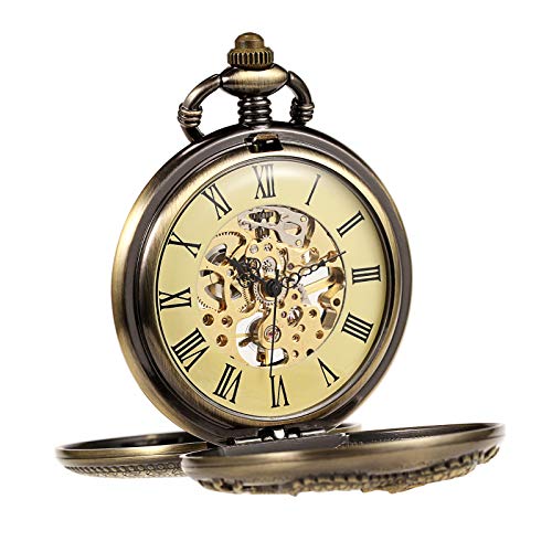 Image of TREEWETO Mens Antique Skeleton Mechanical Bronze Pocket Watch Dragon Hollow Hunter with Chain and Box